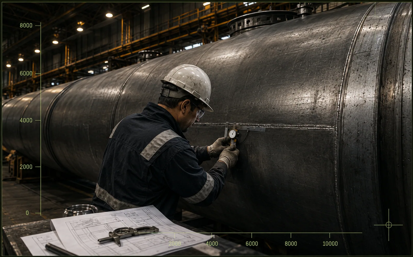 Specialist welding a cylindrical steel storage tank