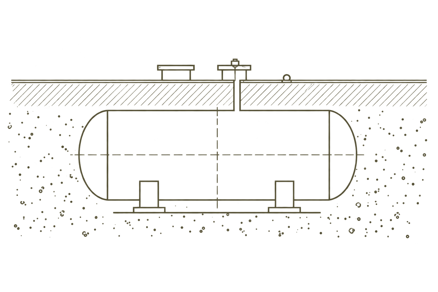 Technical diagram of an underground horizontal cylindrical tank
