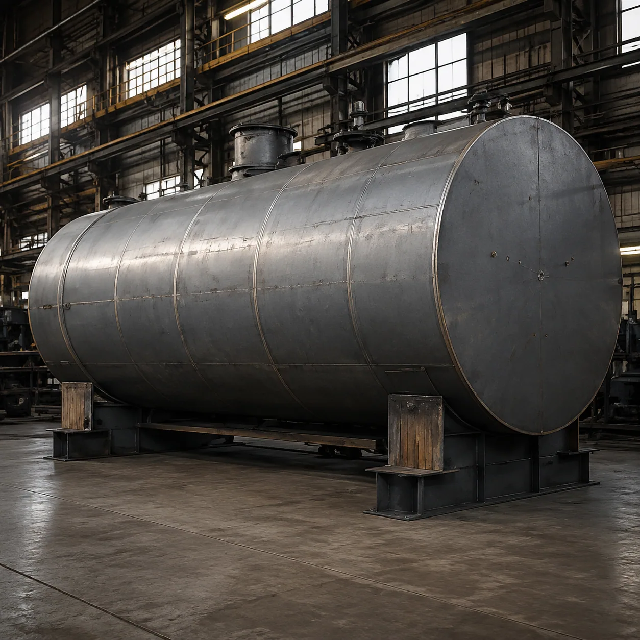 Horizontal oil storage tank in a production hall