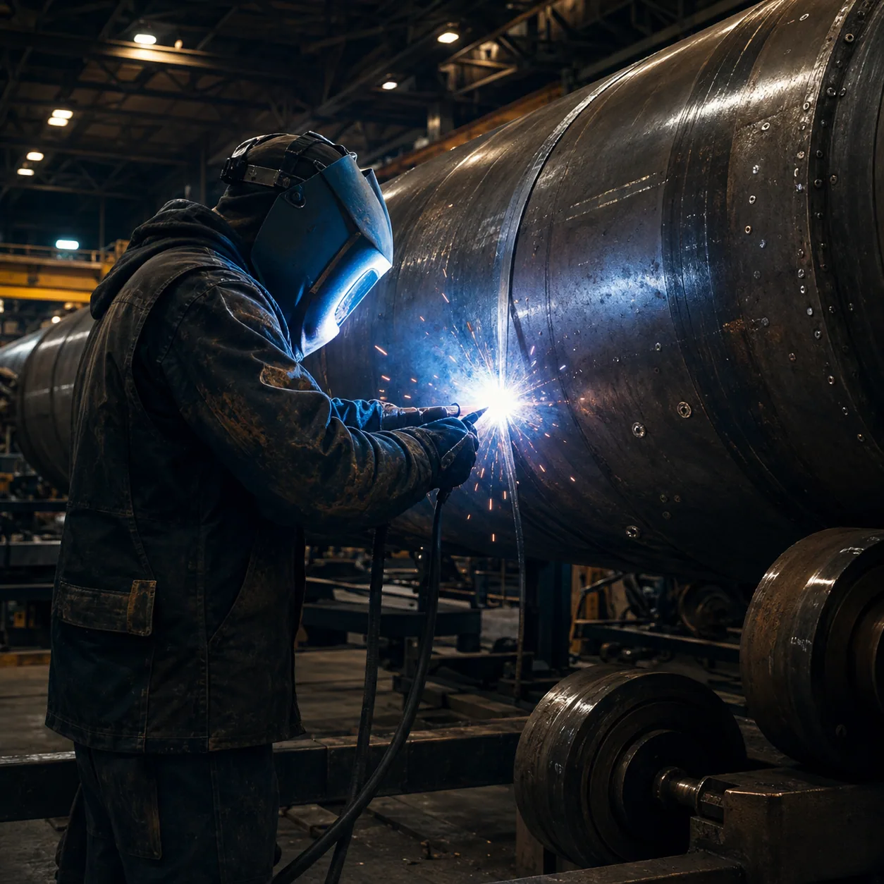 Welder assembling a steel tank