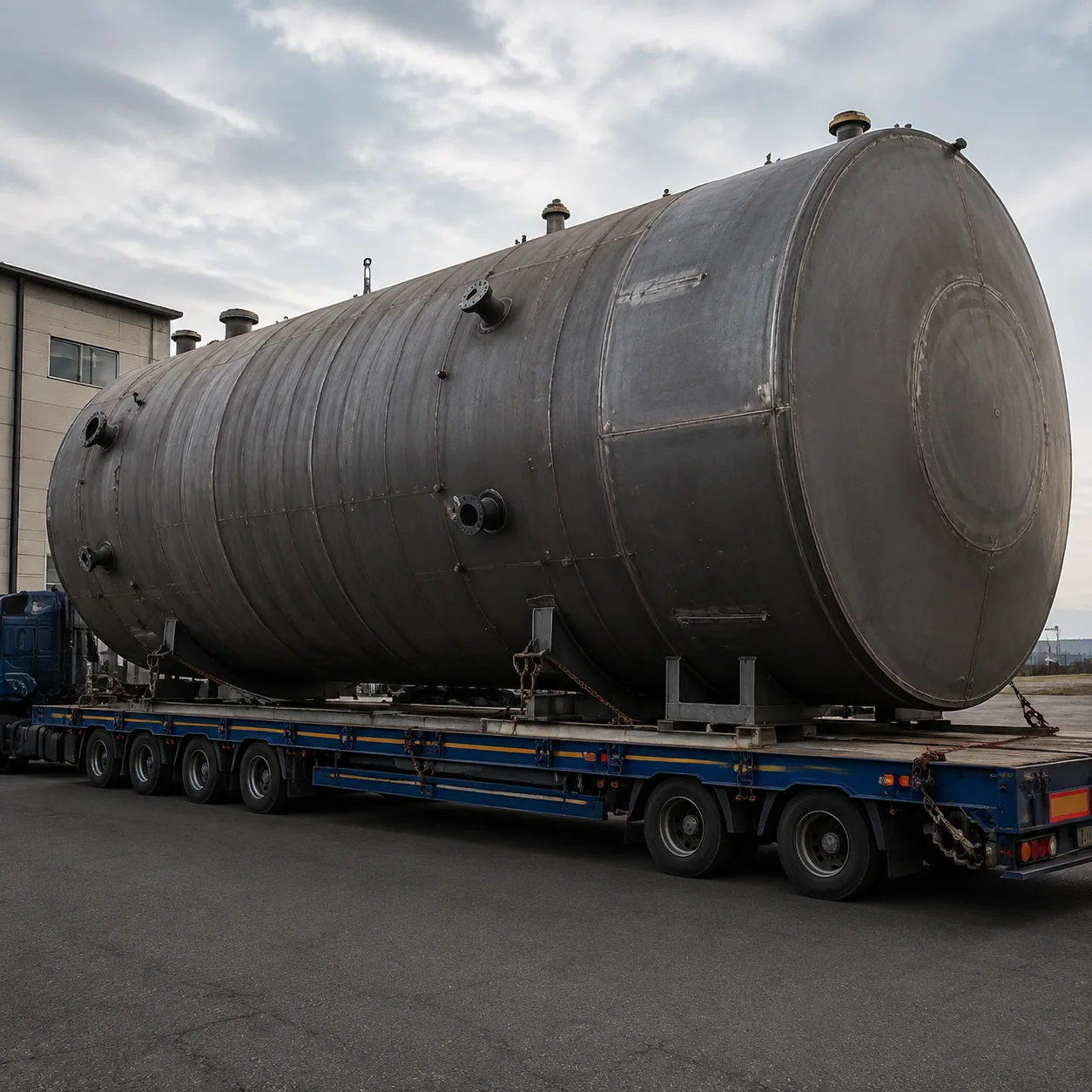 Completed industrial tank prepared for delivery