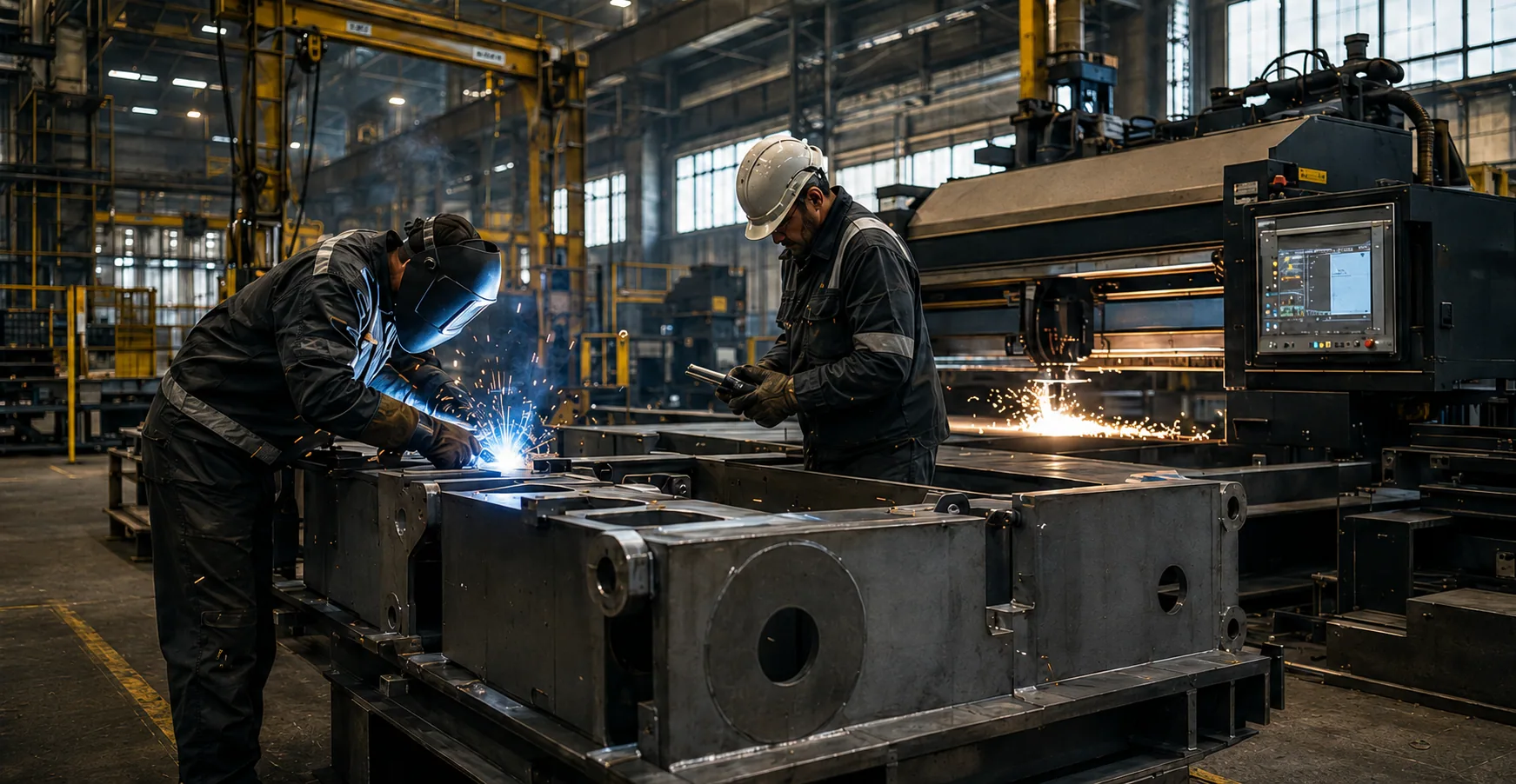 Welders manufacturing steel structures in a production hall