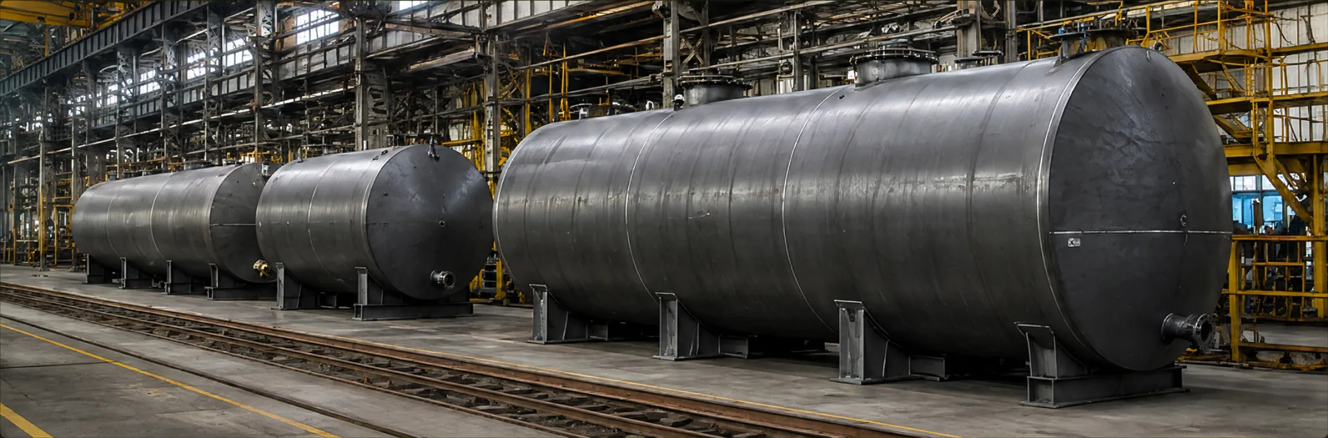Liegende Öllagertanks in der Fertigungshalle