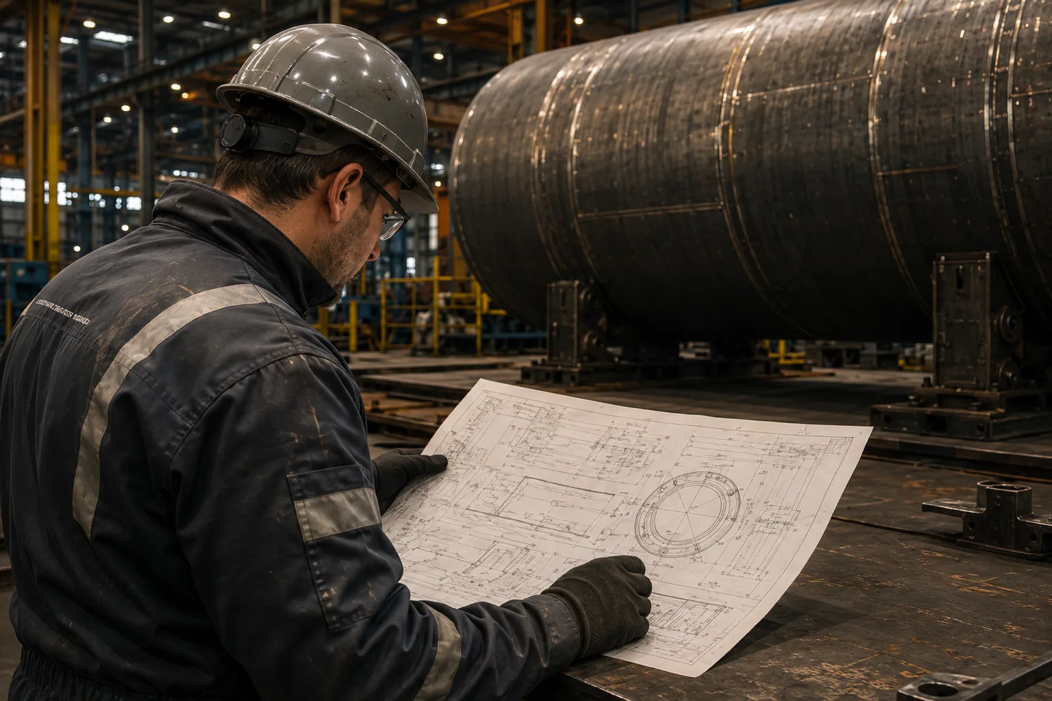 Engineer reviews technical drawings